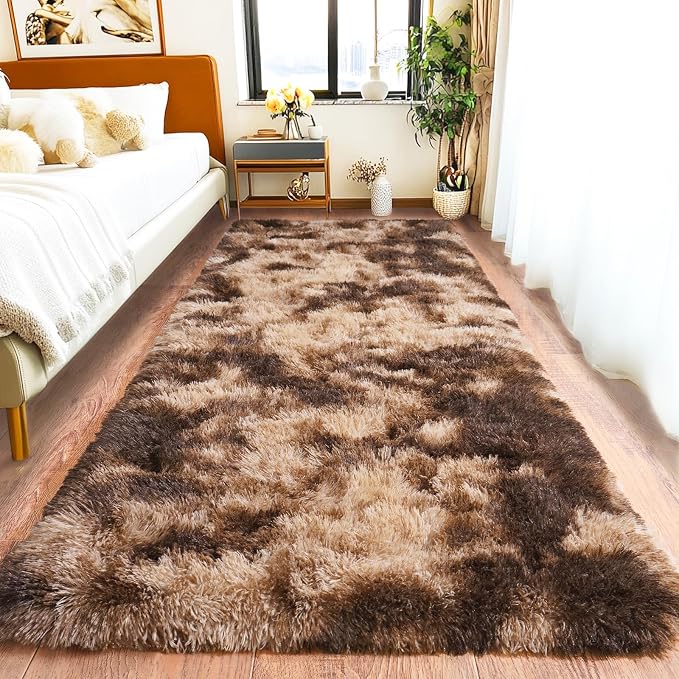 Pionblank Fluffy Runner Rugs for Bedroom 2x6, Modern Shaggy Brown Area Rug for by PIONBLANK