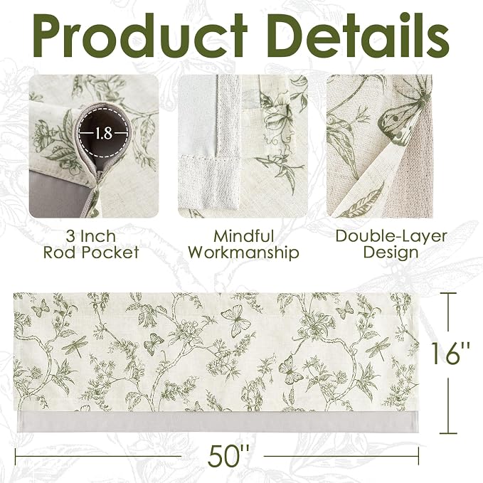 jinchan Floral Curtain Valance for Windows 16 Inch Linen Valance for Kitchen - Image 7
