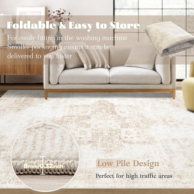Area Rug 5x7 Washable Rug, Vintage Boho Medallion Rugs Non-Slip Soft Low Pile - Image 7