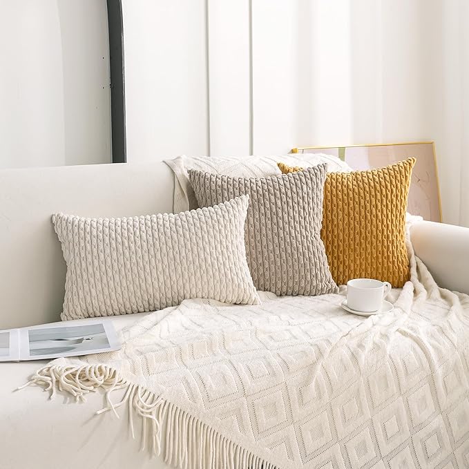Set of 4 Neutral Decorative Throw Pillow Covers 16x16 Inch Corduroy Pillow - Image 3