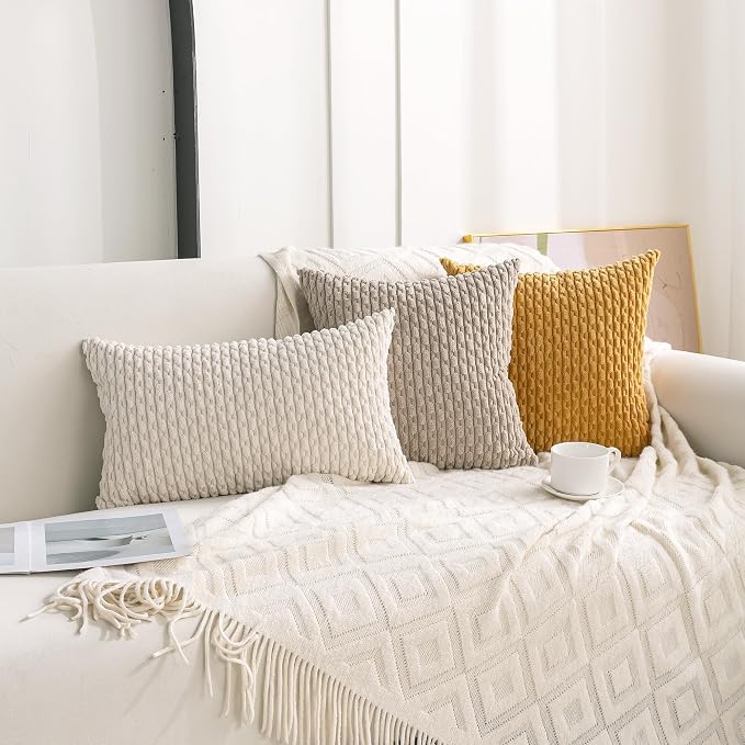 Set of 4 Neutral Decorative Throw Pillow Covers 20x20 Inch Corduroy Pillow - Image 3