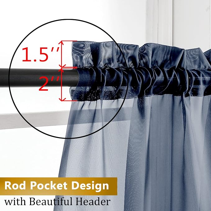 Aiyufneg Navy Blue Sheer Curtains 36 inches Long, Short Kitchen Window - Image 4