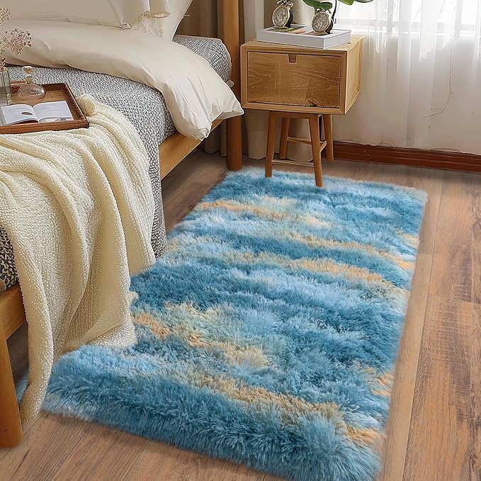 Soft Runner Rugs for Bedroom Hallways, 2x4 Abstract Blue Fluffy Shag Throw Area - Image 3