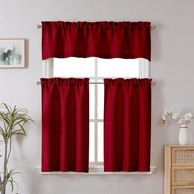 Chyhomenyc Red Valance for Windows, Light Filtering Faux Linen Textured Small - Image 2