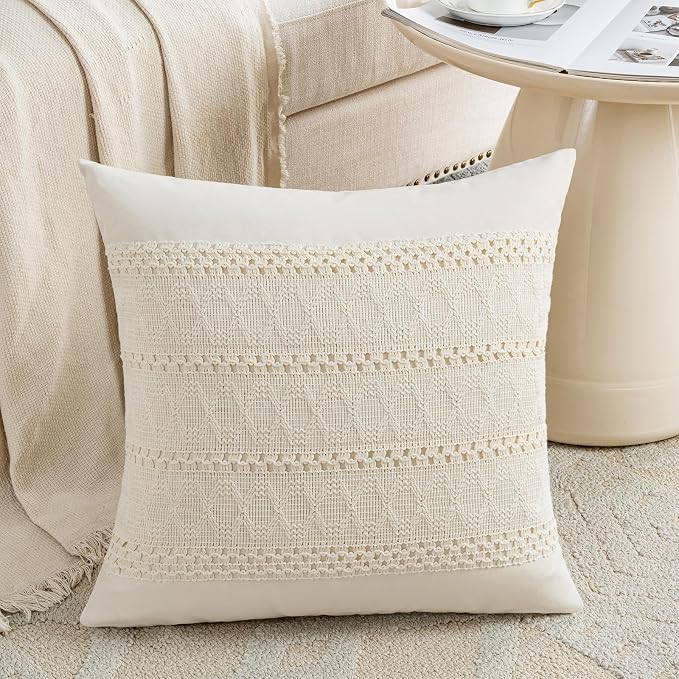 Fancy Homi Set of 1 Boho Cream Decorative Throw Pillow Cover 20x20 Inch by Fancy+Homi