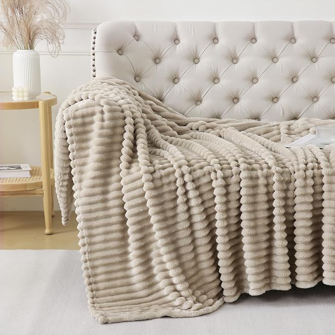 Khaki Throw Blanket for Couch Sofa 50x60 inches Striped Design | Fleece - Image 3