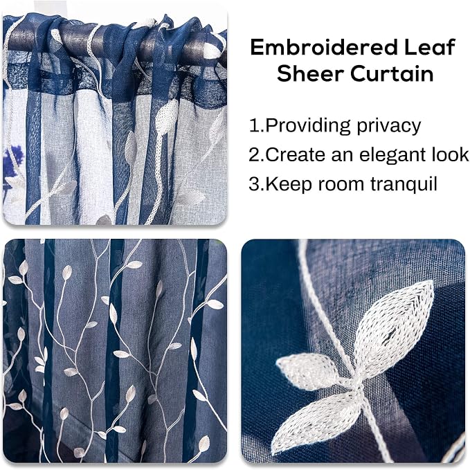 AmHoo 2 Panels Embroidered Leaf Pattern Semi Sheer Curtains Foliage Floral - Image 4