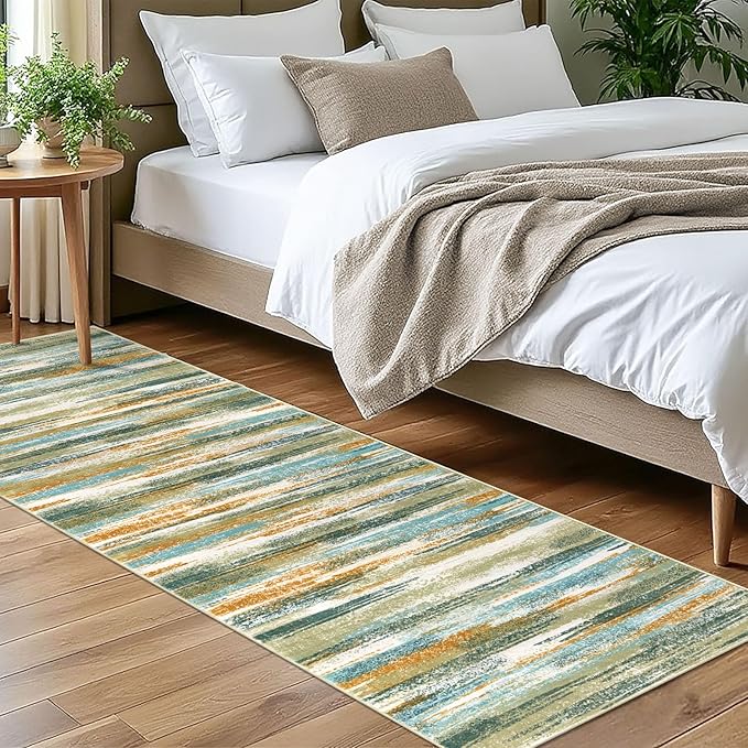 Lansny Modern Abstract Bedroom Runner Rug 2x7, Non-Slip Soft Thin Faux Wool Mat by lansny