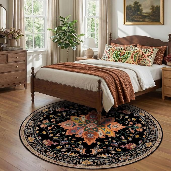 Area Rugs 7ft Washable Non-Slip, Floral Vintage Distress Print Pattern - Image 3