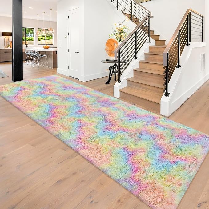 Fluffy Rainbow Rug for Girls Bedroom 3x10 Feet Kawaii Tie Dye Area Rug Colorful by JiaoBaba