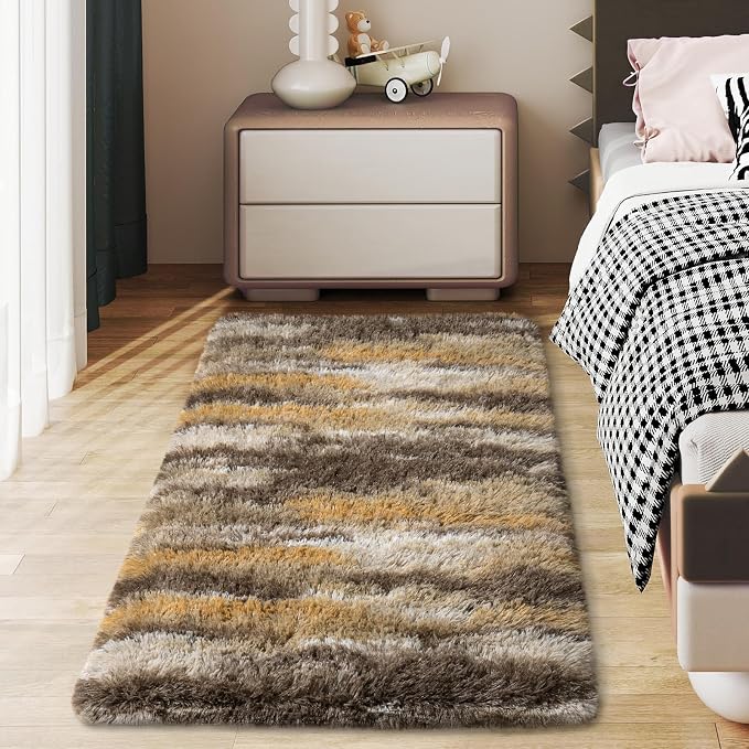 Soft Runner Rugs for Bedroom Hallways, 2x4 Abstract Brown Fluffy Shag Throw by Ailyei