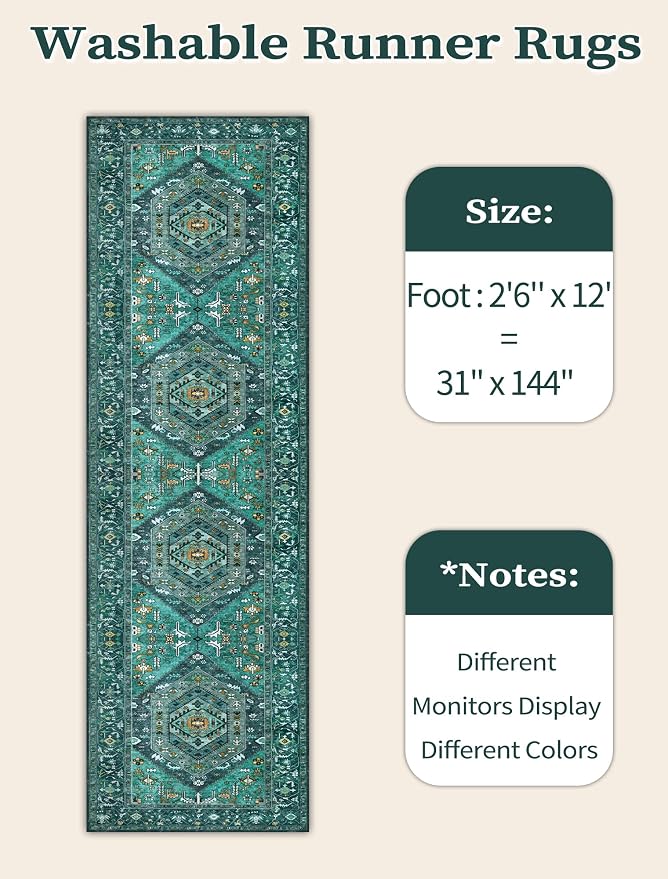 SERISSA Runner Rug for Hallways, Extra Long Boho Rug Ultra Soft Vintage Teal - Image 6