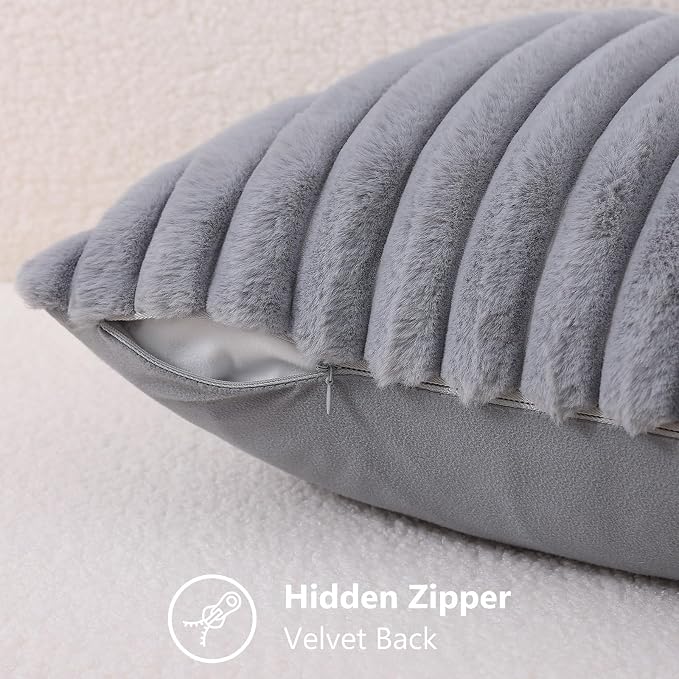 decorUhome Fall Faux Fur Throw Pillow Covers 20x20 Set of 2 Grey | Decorative - Image 3