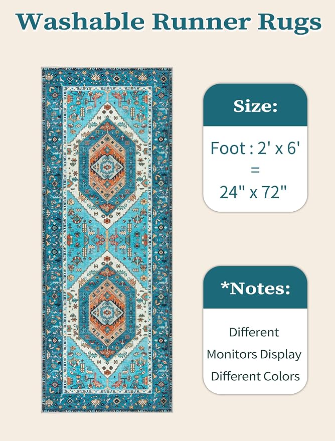 SERISSA Boho Washable Runner Rug, 2x6 Rug Runner Non-Slip Vintage Blue Hallway - Image 6