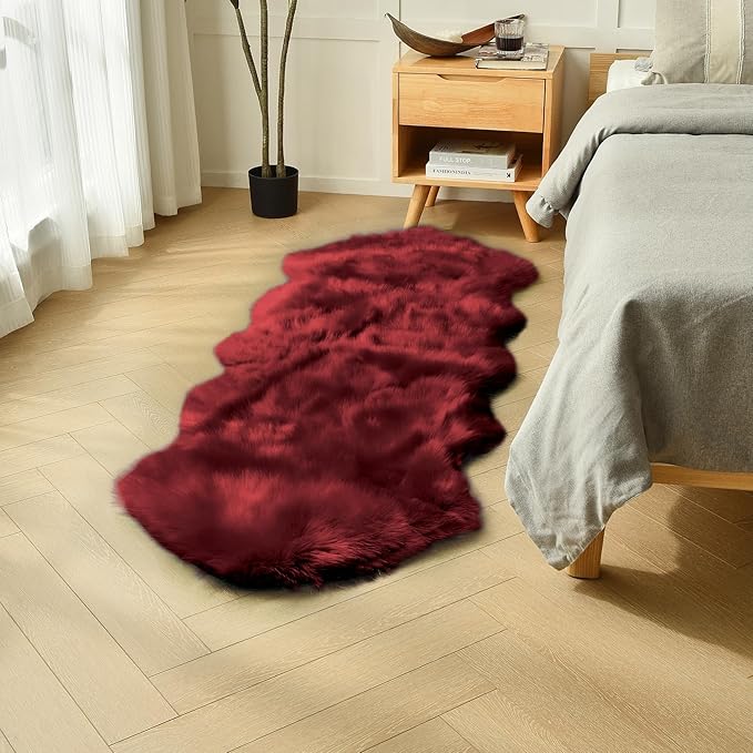 duduta Burgundy Faux Sheepskin Runner Rug 2x6 ft, Fluffy Shag Bedroom Dorm Rug by duduta