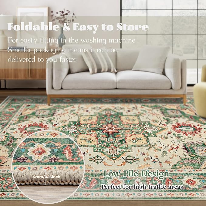 Area Rug 8x10 Washable Rug, Vintage Boho Medallion Rugs Non-Slip Soft Low Pile - Image 7