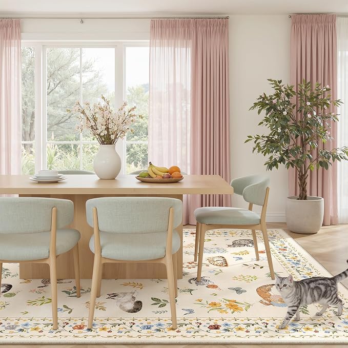 Cat 8x10 Area Rugs for Living Room, Machine Washable Animal Floral Vintage Rug - Image 3