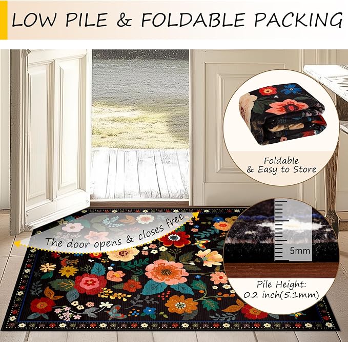 RELEANY Floral Washable 3x5 Area Rugs Black | Flower Carpet Print Boho Cute Non - Image 4