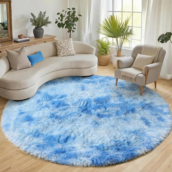 ONASAR Round Rugs 6ft for Living Room Bedroom, Tie-Dye Blue Fluffy Circle Area by ONASAR