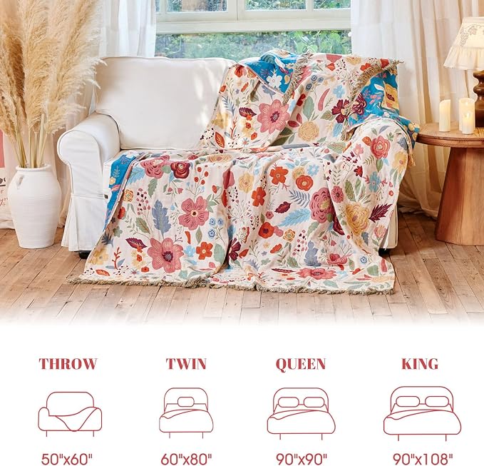 MSGKV Boho Throw Blanket for Bed Twin Size 100% Cotton Floral Blanket 60"x80" - Image 6