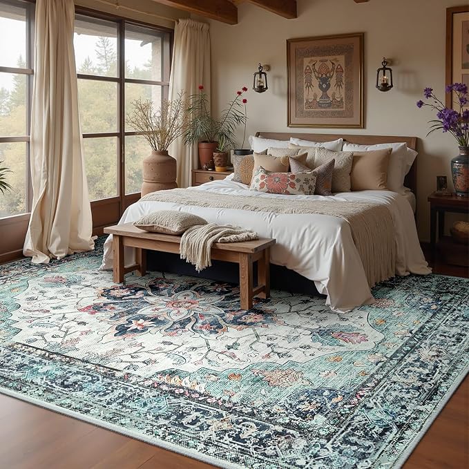 Area Rugs 10'x14' Washable Non-Slip, Floral Vintage Distress Print Pattern - Image 3