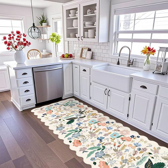 3x10 Washable Hallway Runner Rug: Long Floral Scalloped Soft Runners - Image 3