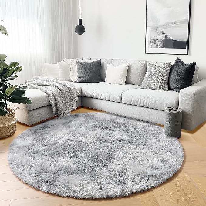 ONASAR Tie-Dyed Light Grey Round Area Rugs 6ft, Ultra Soft Bedroom Circle Rug - Image 4