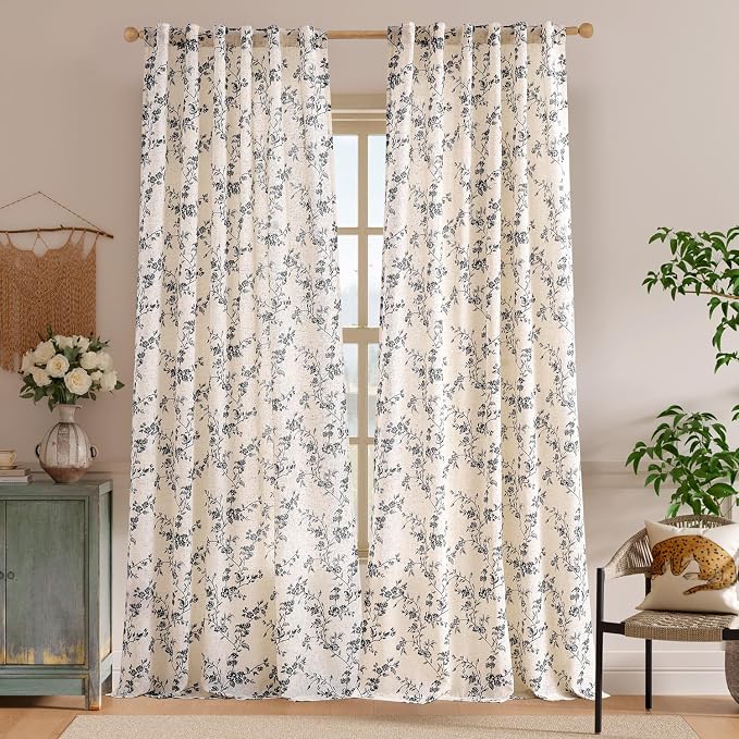 Lazzzy Farmhouse Linen Curtains Black Floral Curtains 96 Inch Length Back Tab - Image 2