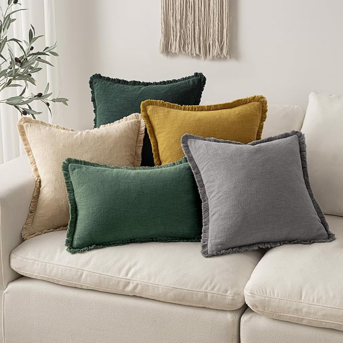MIULEE Decorative Throw Pillow Covers Neutral Linen Fringe Throw Pillows Euro - Image 5