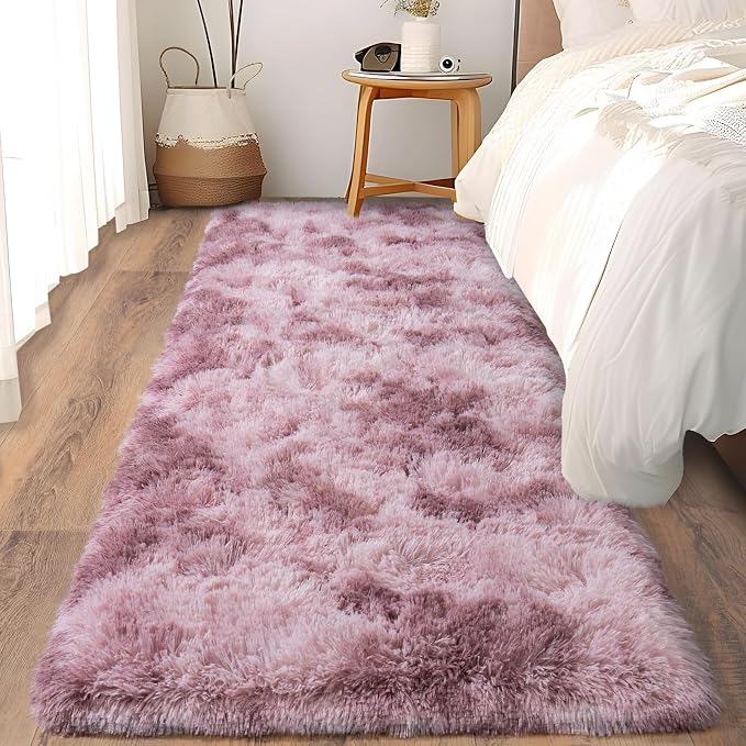 Soft Runner Rugs for Bedroom Hallways, 2x6 Tie-Dyed Grey Purple Fluffy Shag - Image 4