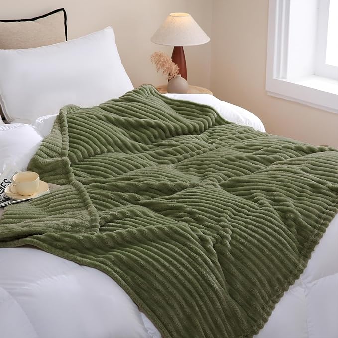 Olive Green Fleece Throw Blanket 108”×90” by linecooo