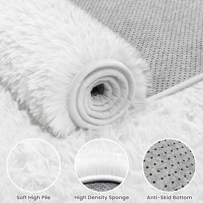 5x8 Fluffy Shag Area Rugs for Living Room Bedroom: Soft Plush Carpet White | - Image 5