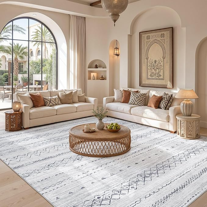 cotiled Boho 9x12 Area Rug for Living Room: Large Moroccan Washable Rug | Stain - Image 5