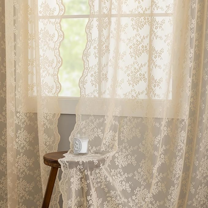 YJ YANJUN Vintage Lace Curtains 63 Inch Length Antique Chic Floral Beige Sheer - Image 4