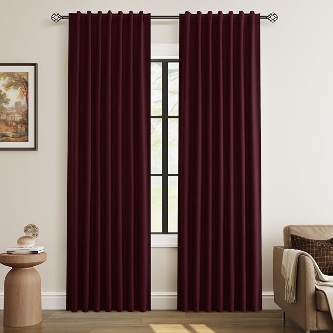 Guken Burgundy 100% Blackout Linen Curtains 84 Inch Length 2 Panels Set by Guken