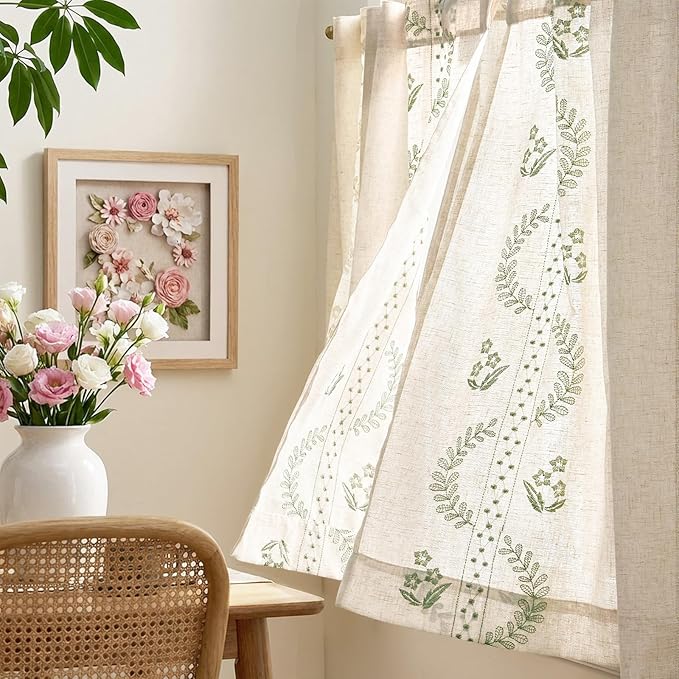 jinchan Belrose Linen Floral Kitchen Curtains 24 inch Length Embroidered - Image 4