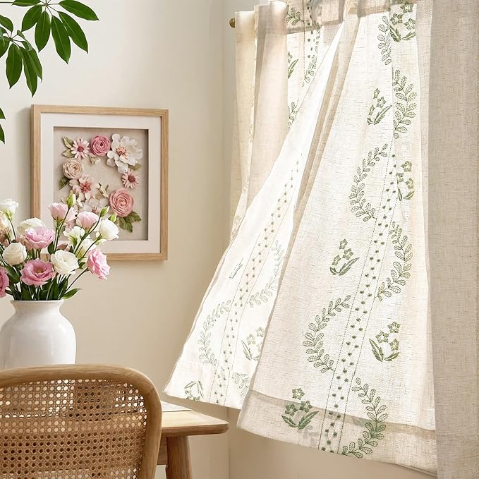 jinchan Belrose Linen Floral Kitchen Curtains 36 inch Length Embroidered - Image 4