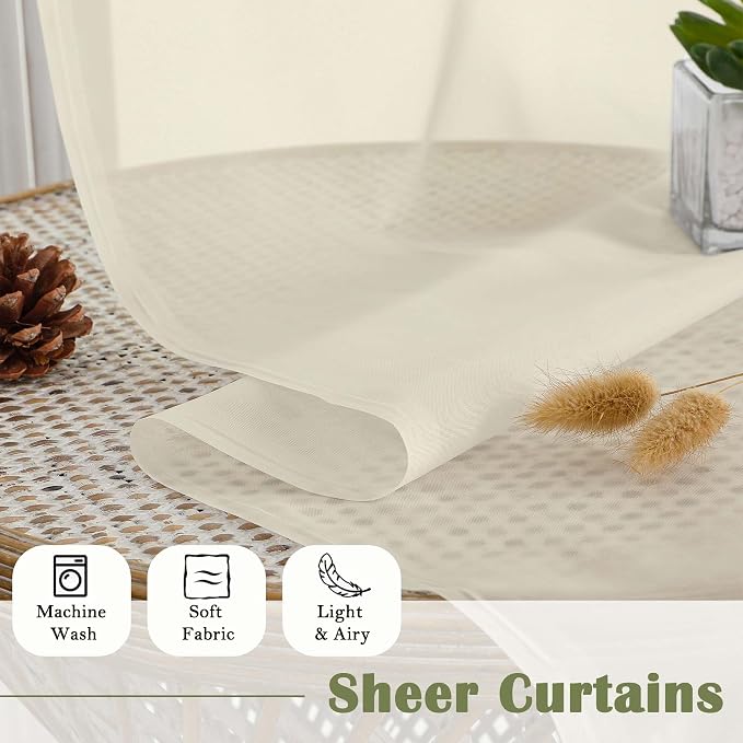 Lecloud Cream Sheer Curtains 63 Inch Length 2 Panels, Rod Pocket Light - Image 4
