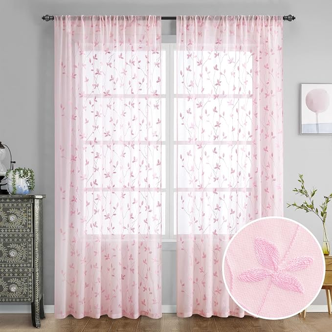HOMEIDEAS Pink Sheer Curtains 52 X 96 Inches Length 2 Panels Embroidered Vine by HOMEIDEAS