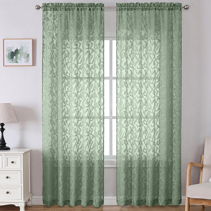 Lecloud Leia Sage Green Sheer Curtains 120 Inches Long 2 Panels, Jacquard by Lecloud