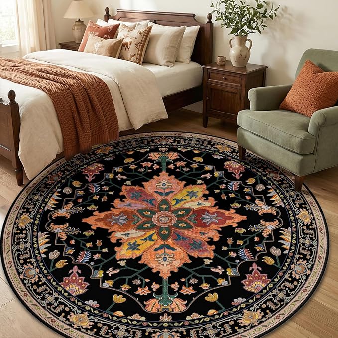 Area Rugs 6ft Washable Non-Slip, Floral Vintage Distress Print Pattern - Image 2