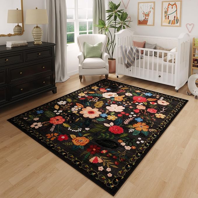 Rugcomf Bedroom Rug 3x5 Rug Washable Area Rug Non Slip Low Pile Boho Floral by Rugcomf