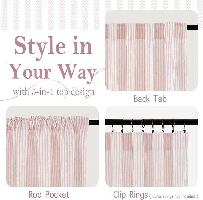 RYB HOME Linen Cafe Curtains 24 inch Length, Kitchen Farmhouse Striped Tier - Image 2