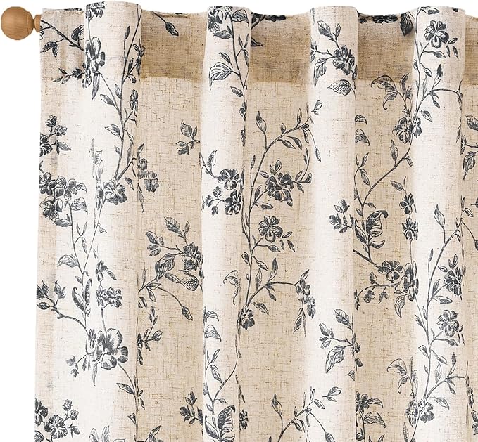 Lazzzy Black Floral Linen Curtains 84 Inch Farmhouse Back Tab Drapes by Lazzzy
