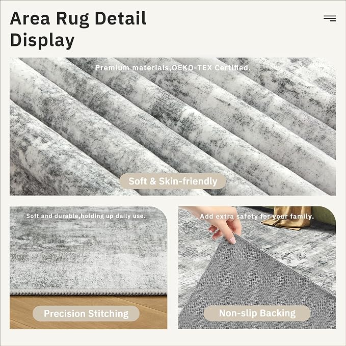 Abstract Rug 5x7 Machine Washable Area Indoor Grey White Low Pile Non-Slip - Image 6