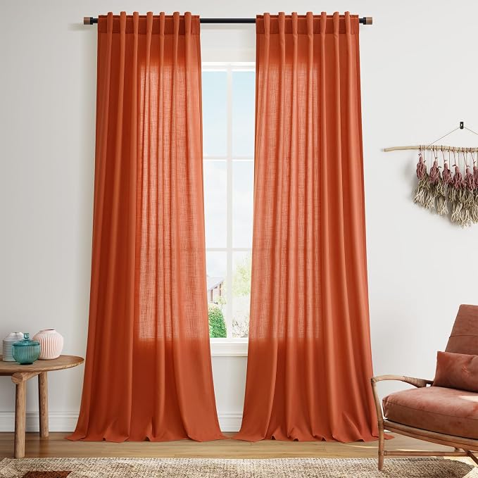 Nanspring Bright Orange Linen Blend Light Filtering Back Tab Curtains 96 Inches by Nanspring