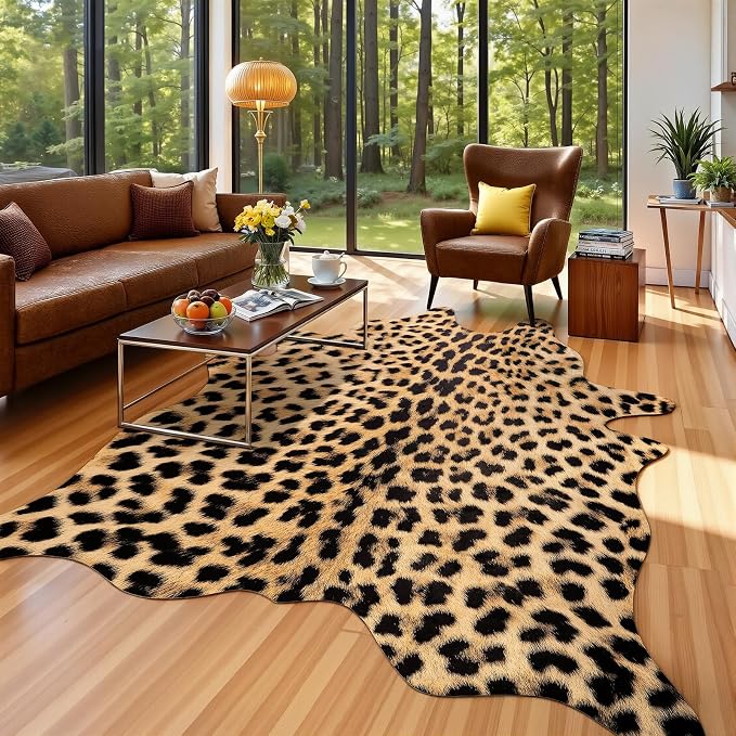 AROGAN Premium Leopard Print Rug 4.6x5.2 Feet, Machine Washable Faux Fur by AROGANAREARUG