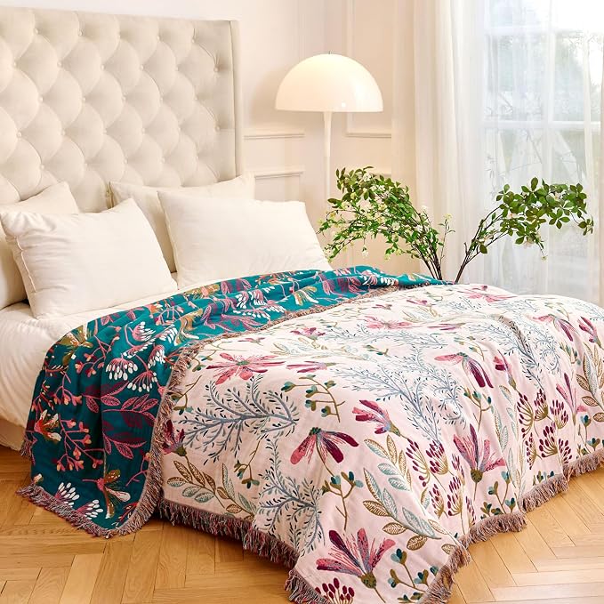 MSGKV Boho Throw Blanket for Bed 60"x80" Floral 100% Cotton Couch Blanket - Image 7