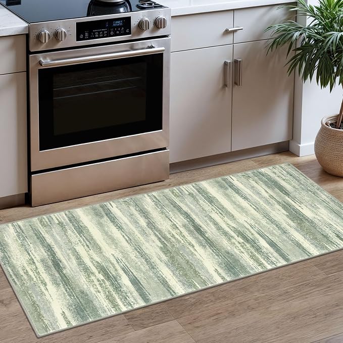 Lansny Modern Abstract Runner Rug 2x5, Sage Green Grey Washable Kitchen Runner by lansny