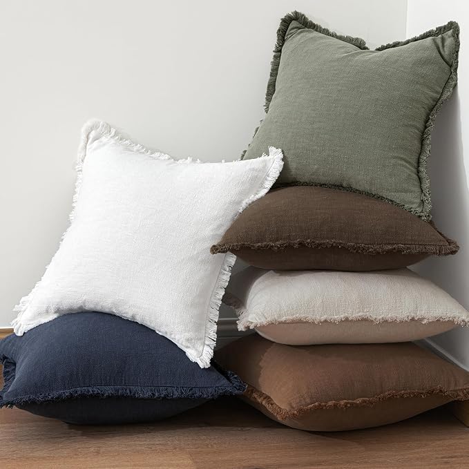 MIULEE Linen Fringe Decorative Euro Pillow Covers Chocolate Brown 24x24 | Set - Image 6